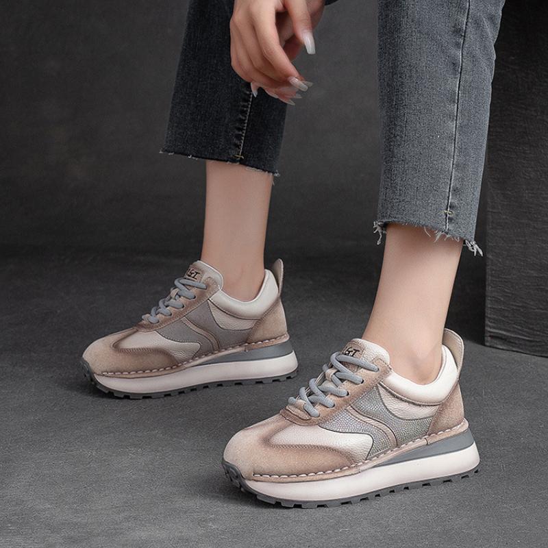 Johnature Pantofi cu șireturi din piele naturală, culori mixte, pentru femei, sport pentru timpul liber, cu talpă moale, pantofi confortabili