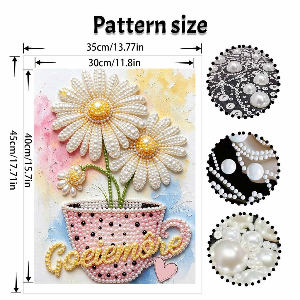 DIY Frameless Pearl Painting Kit Daisy Flowers in Teacup Design 3D Shiny Bead Art Canvas Relaxing Craft for Home Wall Decor Birthday Gift