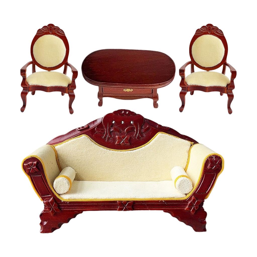 1:12 Scale Dollhouse Miniature Living Room Mahogany Sofa Armchair Coffee Table Set For Realistic Display