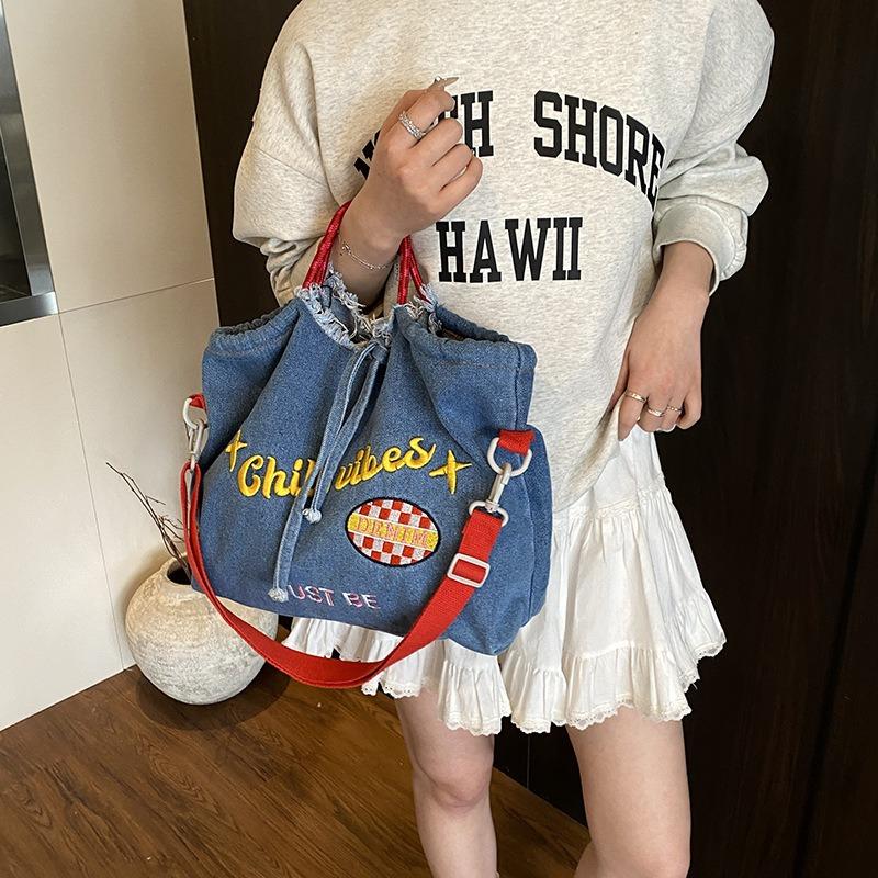 Trend embroidery casual versatile large capacity portable tote bag denim shoulder messenger bag