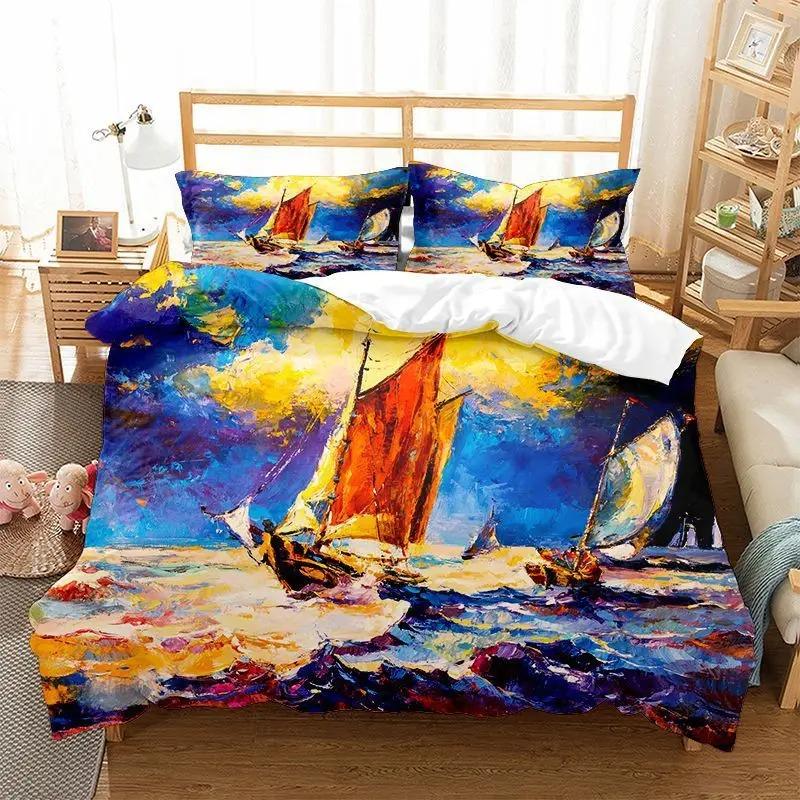 

Oil Painting Landscape Duvet Cover King Queen Size Seaside Sunset Colorful Painted Style Art Print Polyester Comforter Cover EU Single 135x200cm