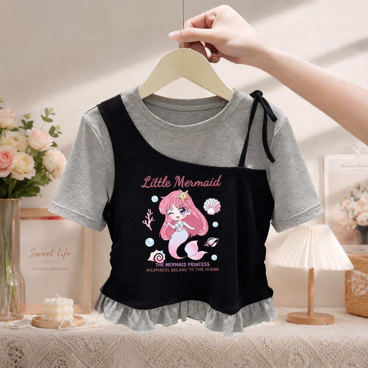 Girls Round Neck Fake Two Piece Short Sleeve T Shirt Stylish Layered Top for Big Kids 90