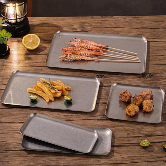 Rechteckige Edelstahl-Schale Retro Rustikale BBQ-Platte für Braten Industrieller Stil Hot Pot Gericht für Zuhause Camping Küche