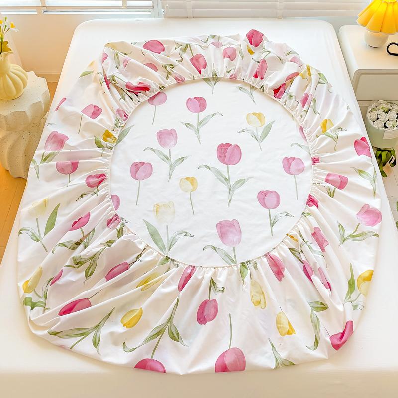 Queen Bed Sheets Set Tulips Printed drap de lit Floral Flower Style Fitted Sheet with Elastic Band Single Bed Linen for King Bed