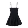 Pleated Patchwork Halter Mini Dress Retro Thin Shoulder Strap Square Collar Dress