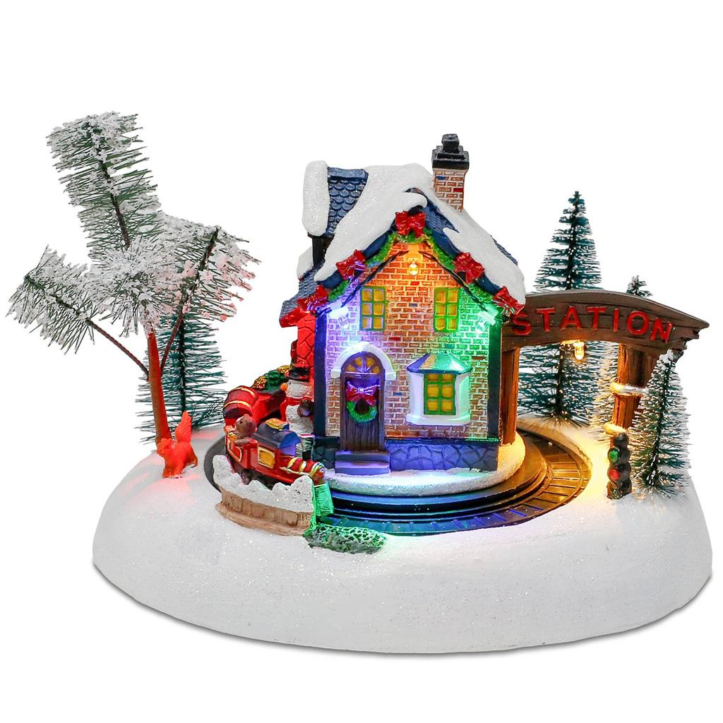 Animation Weihnachts-Dorfbahnhof Vorbeleuchtete Harz-Sammelfigur mit rotierender Eisenbahn Indoor-Weihnachtsszene