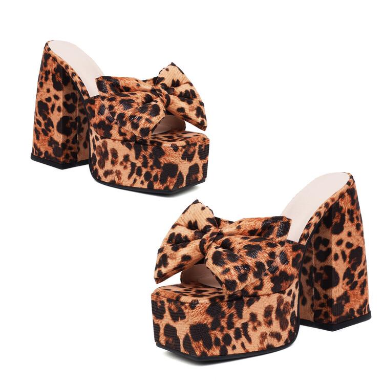 

FOREADA Women Pu Leather Sandals Platform Super High Hoof Heels Open Toe Bow Sexy Party Summer Shoes Black Green Leopard 35-43 39 коричневый