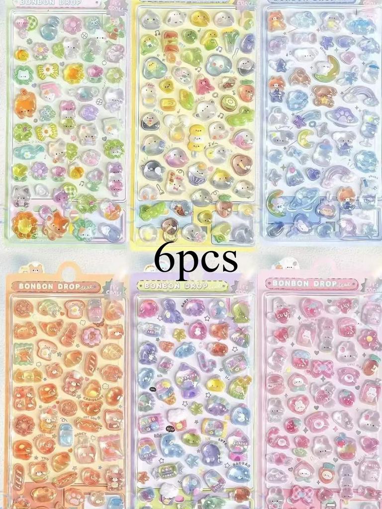 3D Embossed Diamond Stickers 6 Sheets Cartoon Theme, PVC Craft Stickers for Scrapbooking and Stationery Decoration - Perfect DIY