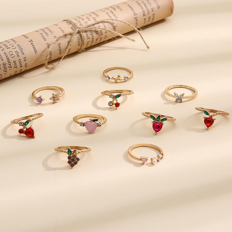 Apple Peach Strawberry Cherry Butterfly Grape Fun Ring 10-piece Ring Set