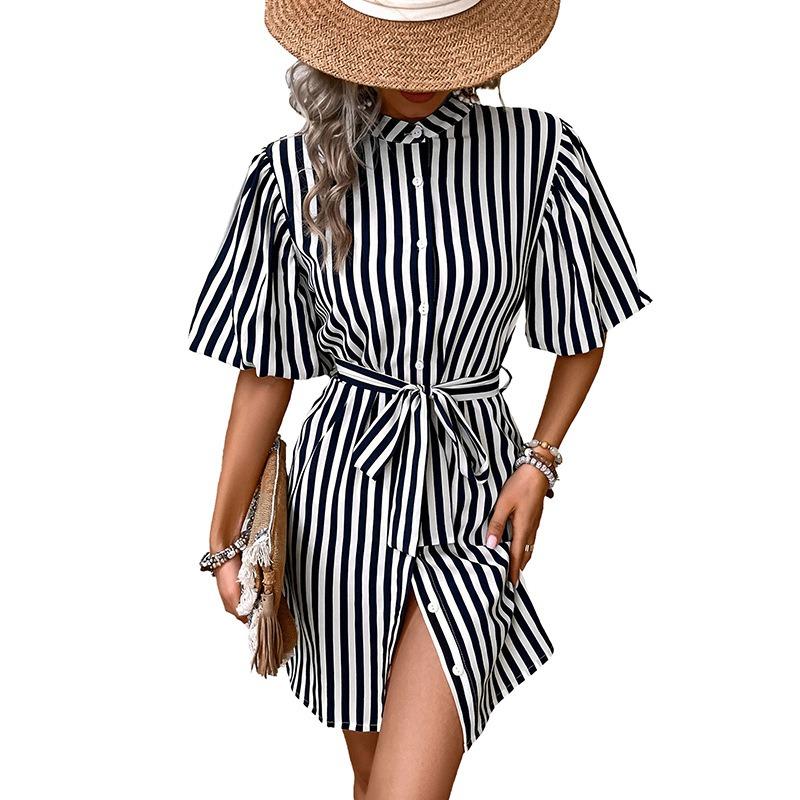 New casual shirt skirt, lotus leaf sleeve stand-up collar striped dress