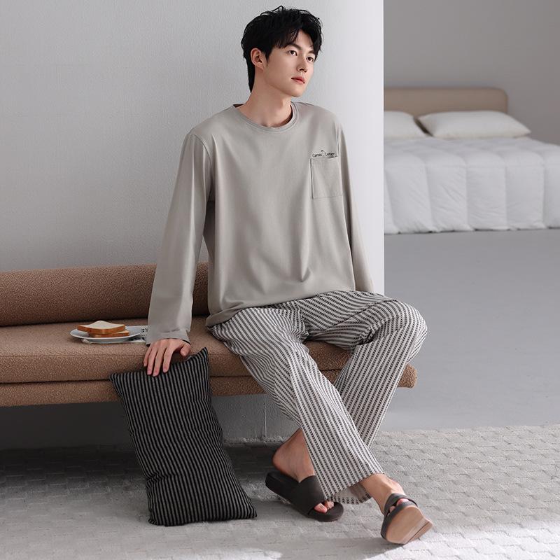 Men's Sporty Lycra Cotton Pajama Set - Long-Sleeved Pullover and Long Pants for Casual Homewear (Spring/Autumn)