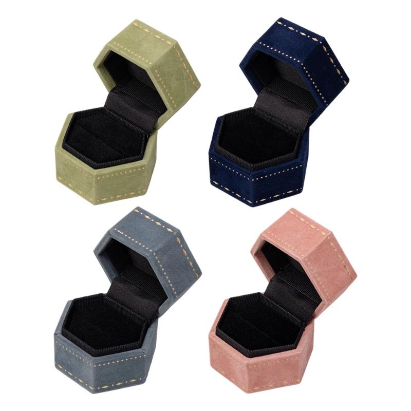 Hexagonal Ring Box with Gold-Tone Decorative Pattern, Velvety-Covered Case for Ring Storage and Gift Presentation