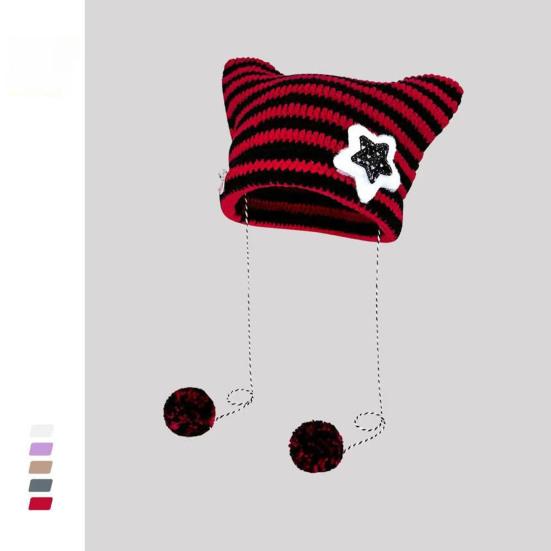 Winter Knitted Hat Cat Ear Design Plush Ball Decor Striped Print Windproof Warm Women Hat Cold Weather Headwear