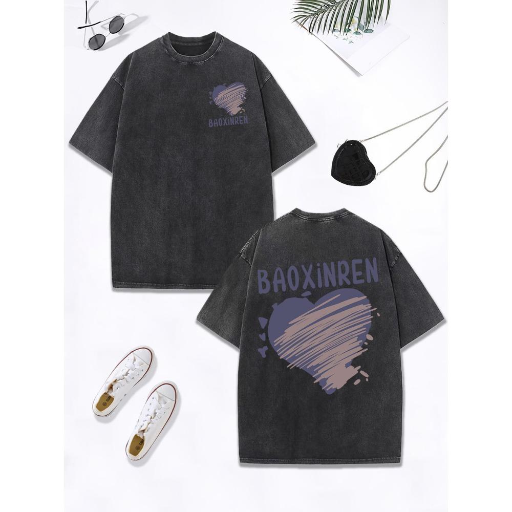 Personalized Graffiti Love Prints Washed T-Shirt Womens Cotton Oversized Tops Street Distressed O-Neck Clothes