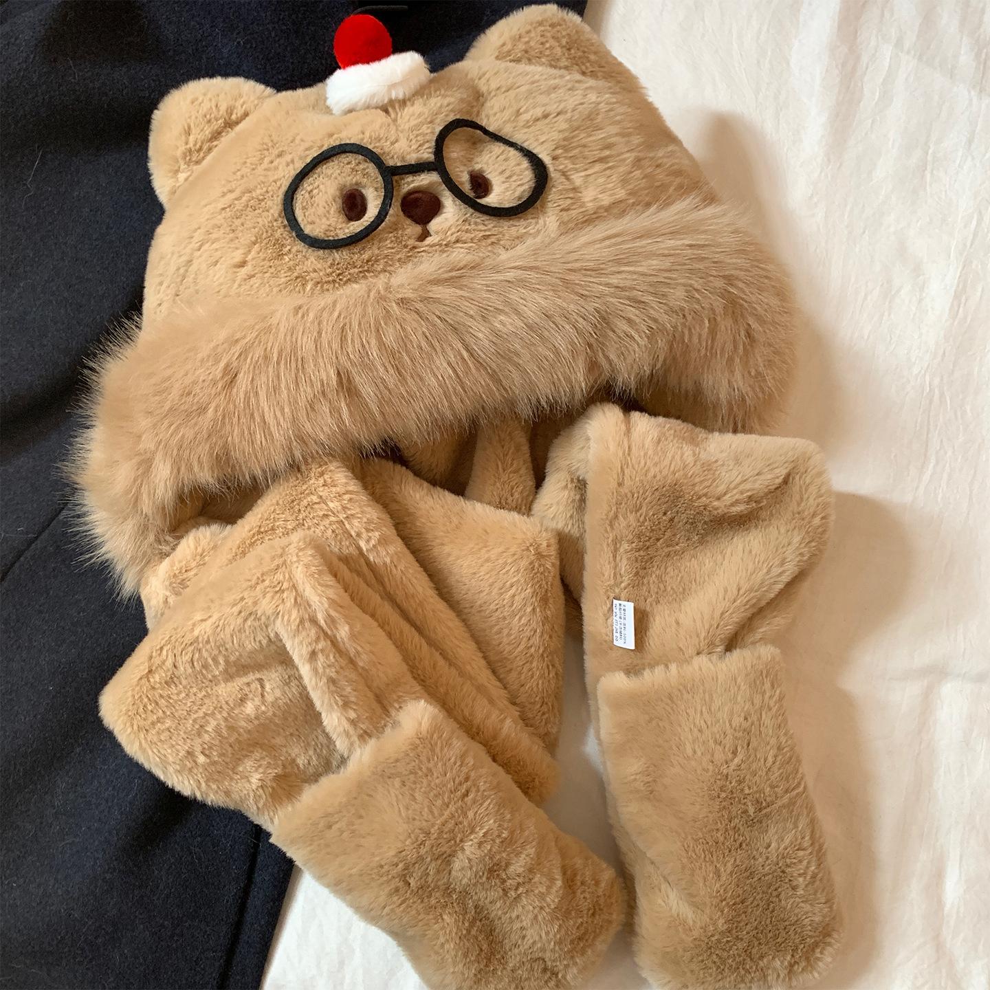 

Милый Торт Медвежьи Ушки Плюшевая Шапка Шарф Цельный Женский Зимний Утепленный Теплый Шарф Перчатки Набор из Трех Предметов M（56-58cm）