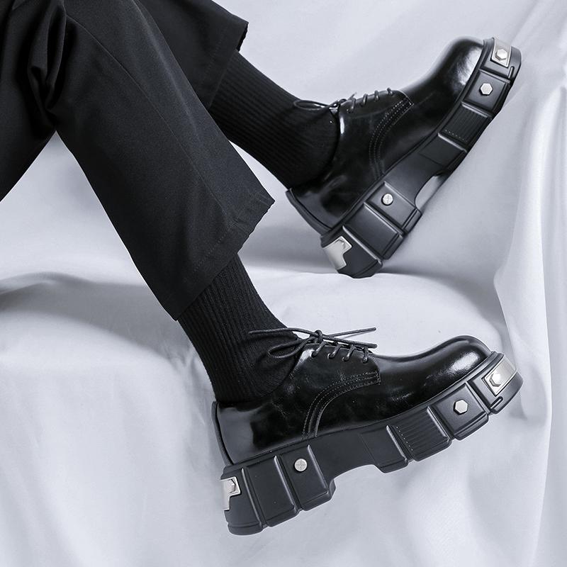 Fashion Brand Classic Black Lace Up Derby Leather Shoes for Spring Men's Comfortable Thick Soled Round Toe Formal Leather Shoes