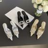 French High Heeled Design Bag Head Half Slippers Square Buckle Rhinestone Outer Wear Pointed Thin Heel Spring And Summer Half Support Single Shoes