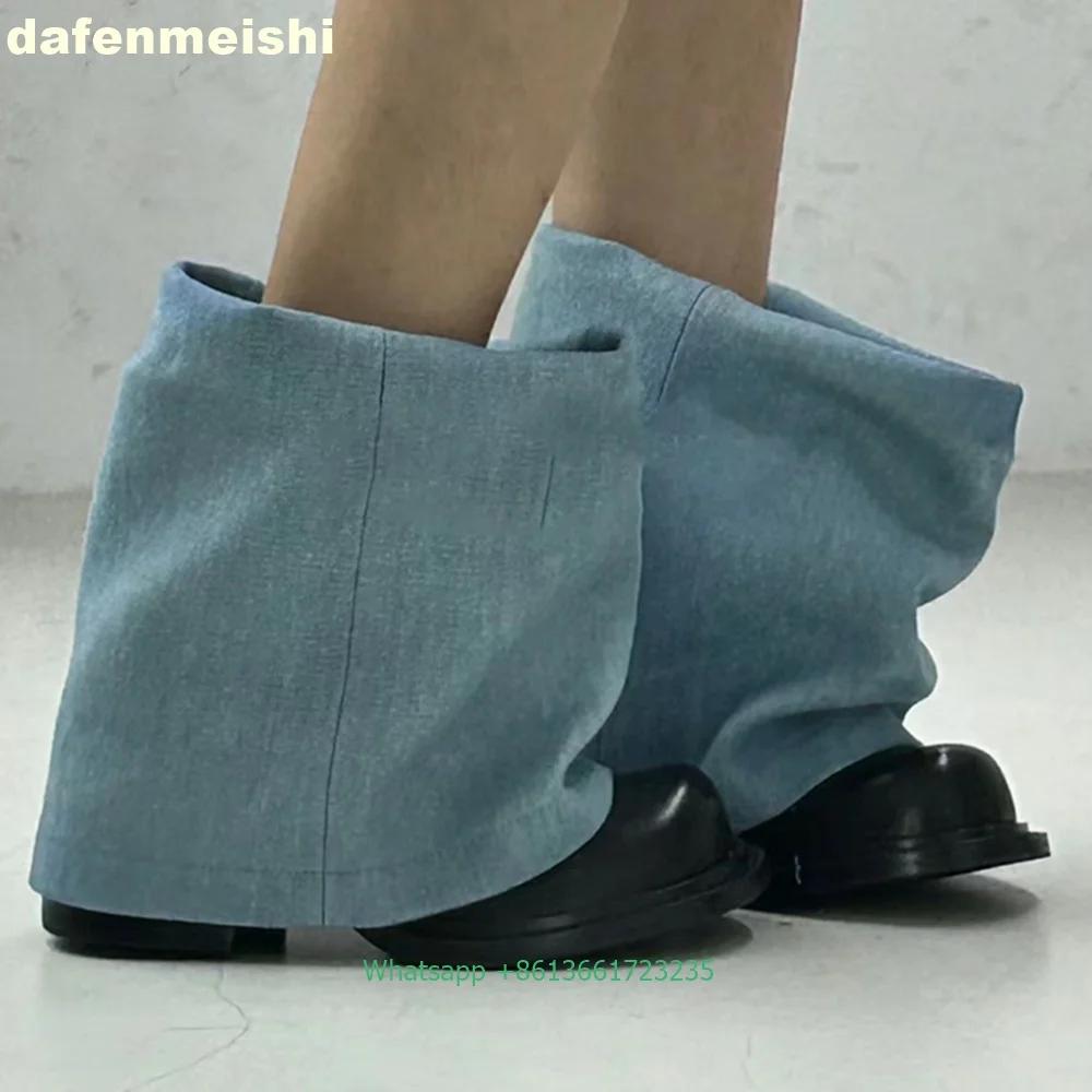 Fashion Big Round Toe Denim Turned-Over Edge Boots 2025 New Fashion Women Black/blue Mid-Calf Trouser Boots Chunky Heel Cowboy Boots