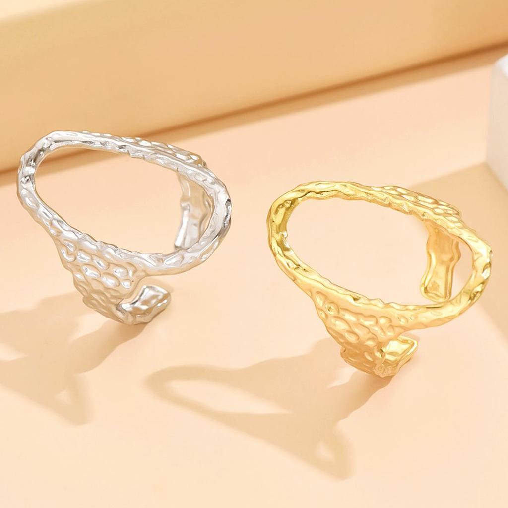 European Retro Geometric Hammered Stainless Steel Open Ring Women's Gold-Plated Adjustable Titanium Jewelry
