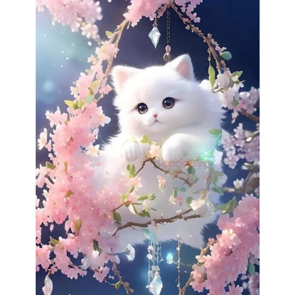 Pictura cu diamant Drill complet drăguț pisică albă pătrat rotund pictură cu diamant peisaj cu flori realizate manual Diy pictură cu mozaic cu diamante decorarea casei