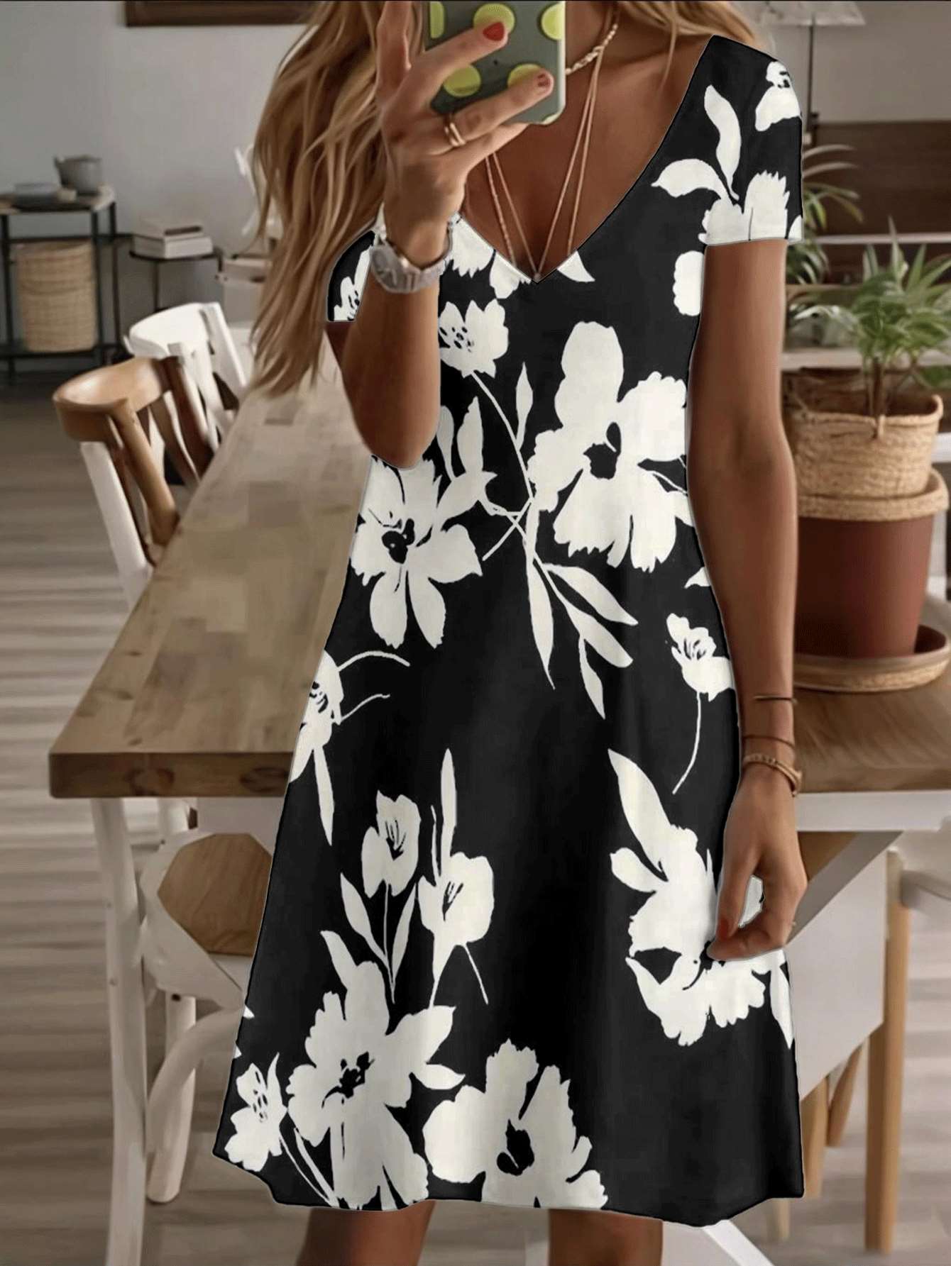 

Vneck shortsleeve midi dress black white floral women’s dress elegant flower print pattern 3D highquality printing durable fabric casual chic summ S дубильная кора