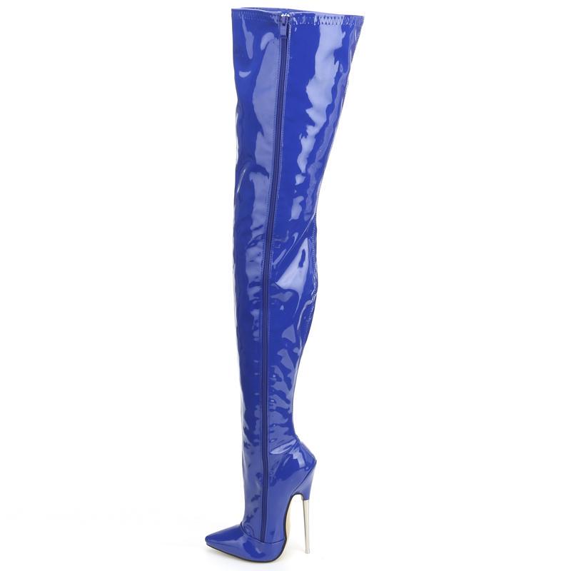 Schritthohe Stiefel JIALUOWEI 18 cm Super High Heel Stiletto Stiefel Frauen Lackleder Sexy Schwarz Stretch Oberschenkel Hohe Stiefel