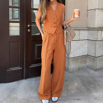 Wolfeel Womem Linen Cotton Chic Vest and Pants Suit Two-Piece Set Office Ladies Summer Chic 2 Piece Sets Womens Outfits