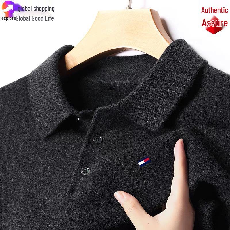 Autentyczny męski sweter Tommy z kaszmiru, z długim rękawem - Jednolity kolor, Haftowany, Kołnierz, Duży rozmiar, Uniwersalna dzianinowa baza.