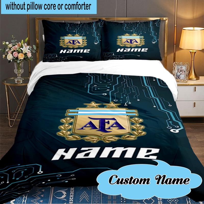 Custom Name Argentina Football Crest Bedding Set 3pcs, Bedding Set Including 1pc Duvet Cover And 2pcs Pillowcases for Bedroom, Dormitory Gift