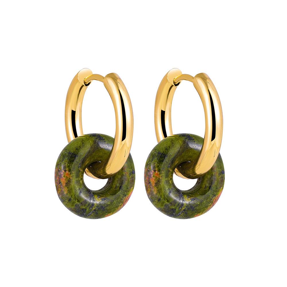 Stainless steel 18K gold colored natural stone earrings, Guofeng new Chinese round earrings, ear buckle ear jewelry