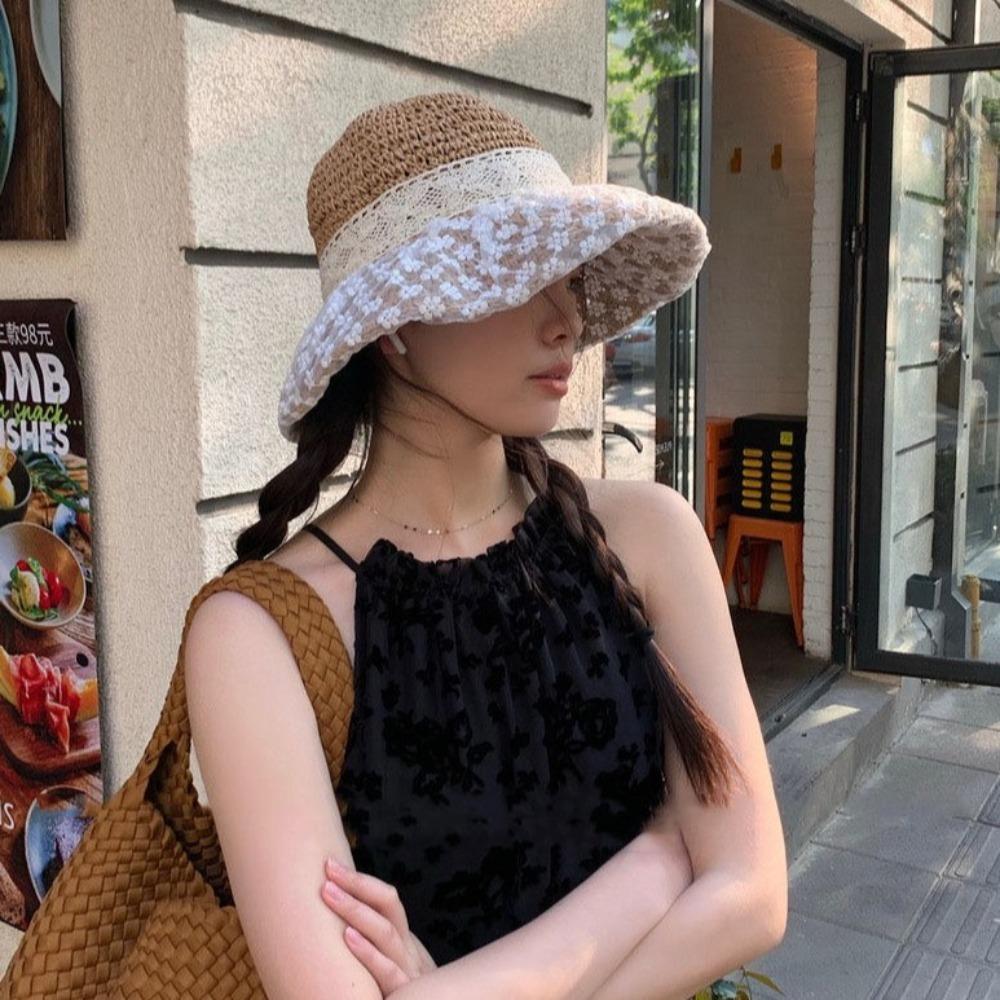 Ribbon Bow Straw Hat Crochet Beach Fisherman Hat Breathable Sunscreen Bucket Hat  Beach