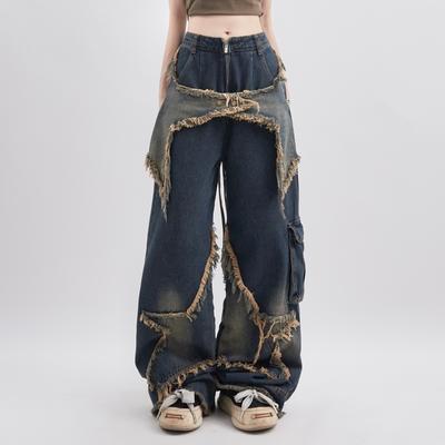 Retro Y2K Vintage Women Denim Jeans Korean Streetwear Oversize Star Blue Aesthetic Straight Trousers Wide Leg Jeans Grunge Pants Clothes Fashion