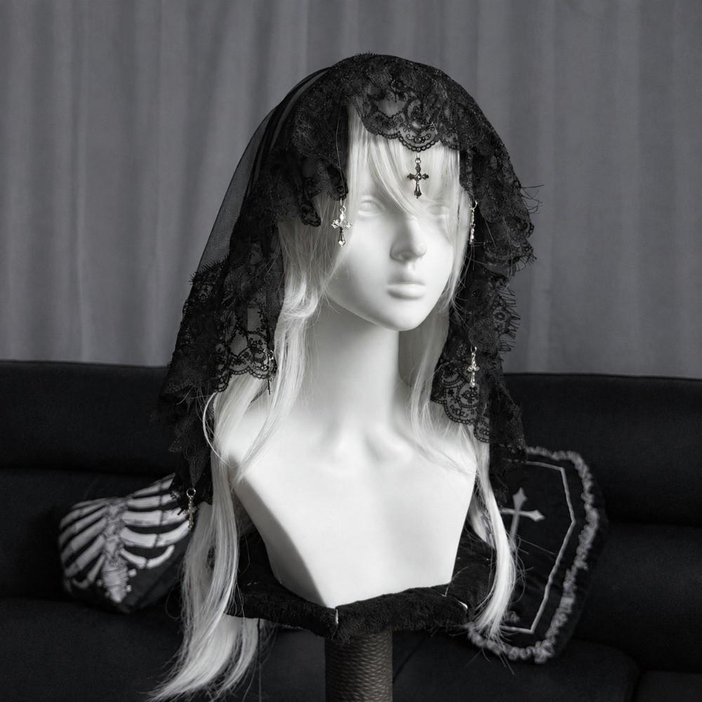 Gothic Style Lolita Tulle Head Cover Cross Pendant Lolita Lace Veil Y2K Wedding Veil Women
