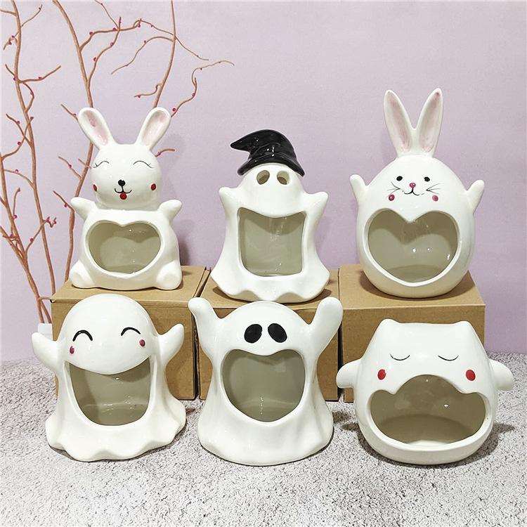 Keramik Halloween Geist Kerzenhalter Kerzenständer Kaninchen Schlüsselablage Organizer Raumdekoration Heimtisch Duftbehälter