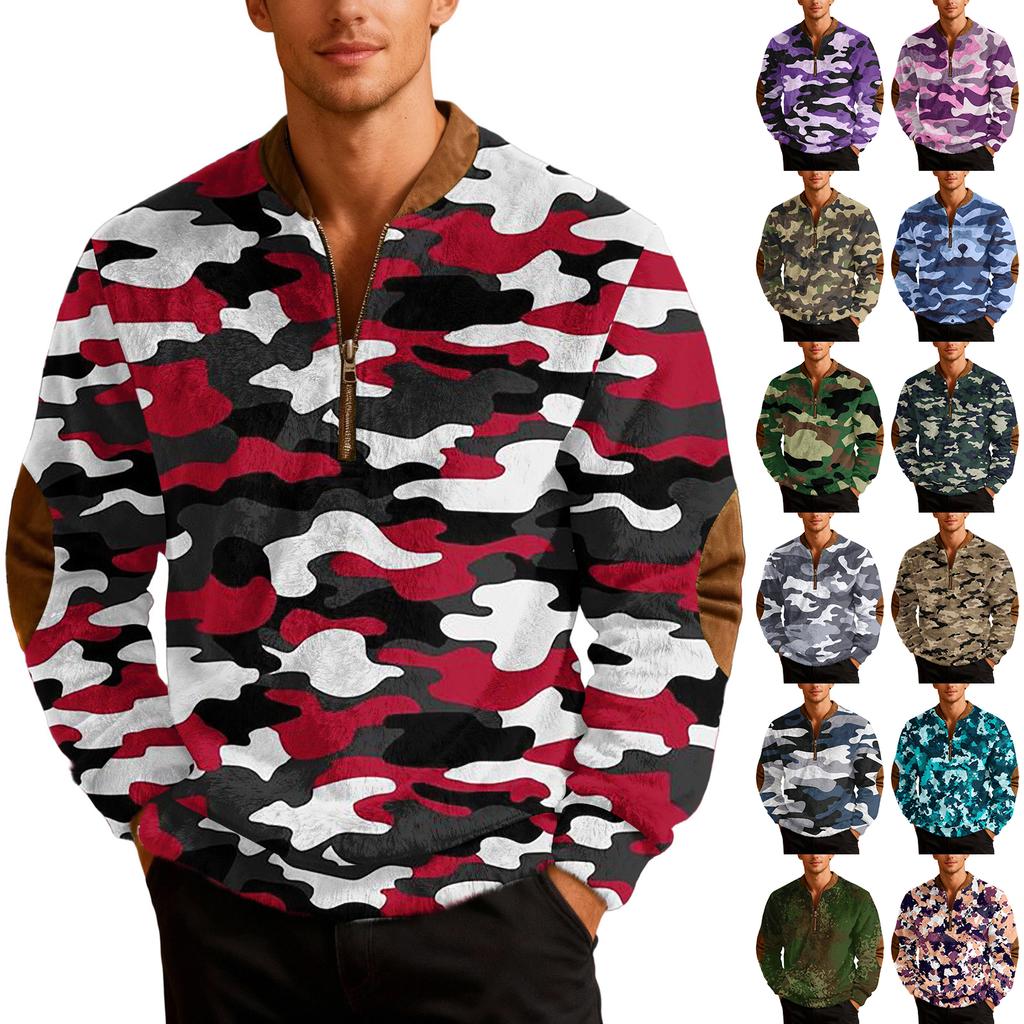 Men's Casual Camouflage Printed Semi-zipper Retro Long-sleeved Sports Sweatshirt