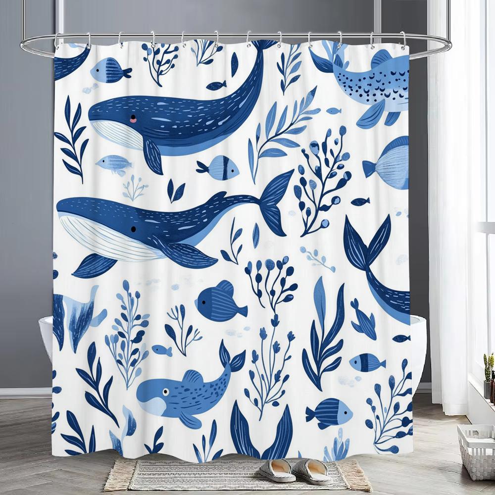 Cute Cartoon Ocean, Starfish, Shells Dolphin Printed Shower Curtain With Hooks, Bathroom Curtain, Bathroom Decor Window Curtain