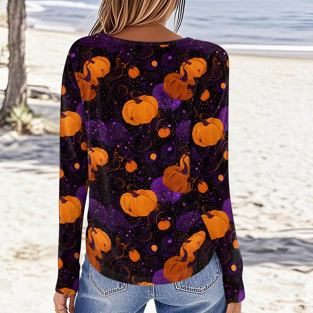 Women's Fashion Casual Long Sleeve Halloween Print Pullover Sweatshirt Crew Neck Top for Fall Seasonal Wear