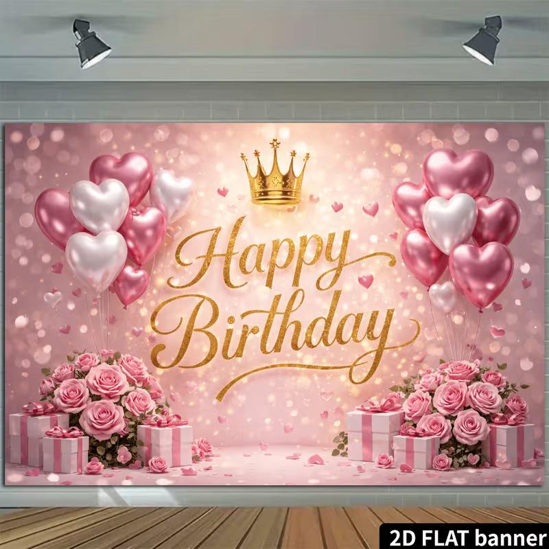 2D Gold Glitter Pink Happy Birthday Backdrop Rose & Balloon Party Decor Banner 47.2x31.5inch/120*80cm
