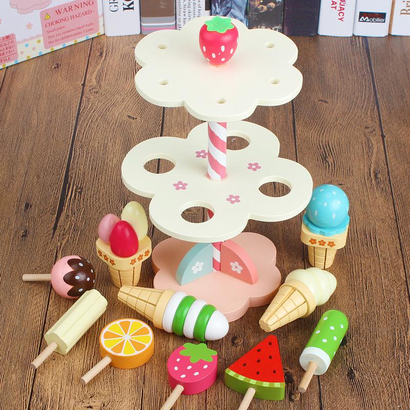 Children's simulation playhouse kitchen strawberry ice cream counter three-layer ice cream ice cream tower Cheche Le wooden toy