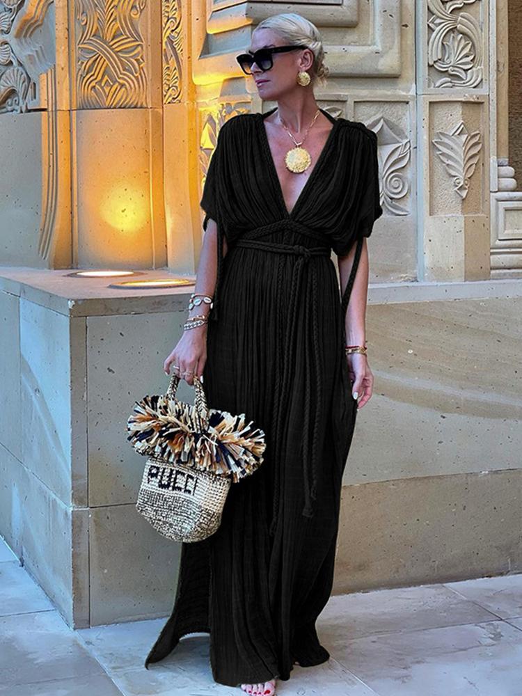 EDOLYNSA Femmes élégantes Célébrité Tempérament Sexy V Profond Tricot Corde Tressée Fête D'été Maxi Robe Tunique Beachwear Maillot De Bain Cover Up A2848