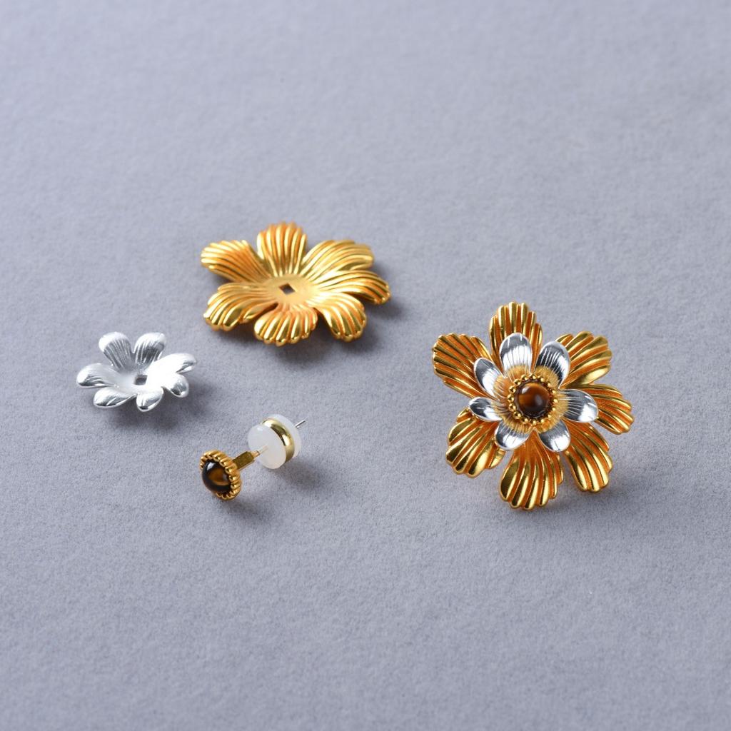 Spring Retro Fashion Gold And Silver Color Matching Flower Removable Multi-Wear Earrings S925 Silver Needle Stud Earrings Trendy Temperament Earrings