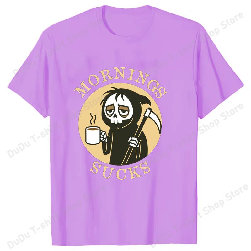 Funny Skeleton Mornings Sucks Coffee Printed TShirts For Women Unisex Short Sleeve Round Neck Tee Shirt Casual Summer Tops