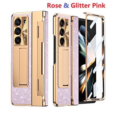 Husă din piele cu sclipici, acoperire completă, balama suport, capac de film de sticlă de protecție pentru Samsung Galaxy Z Fold 6 5 4 3 Suport suport