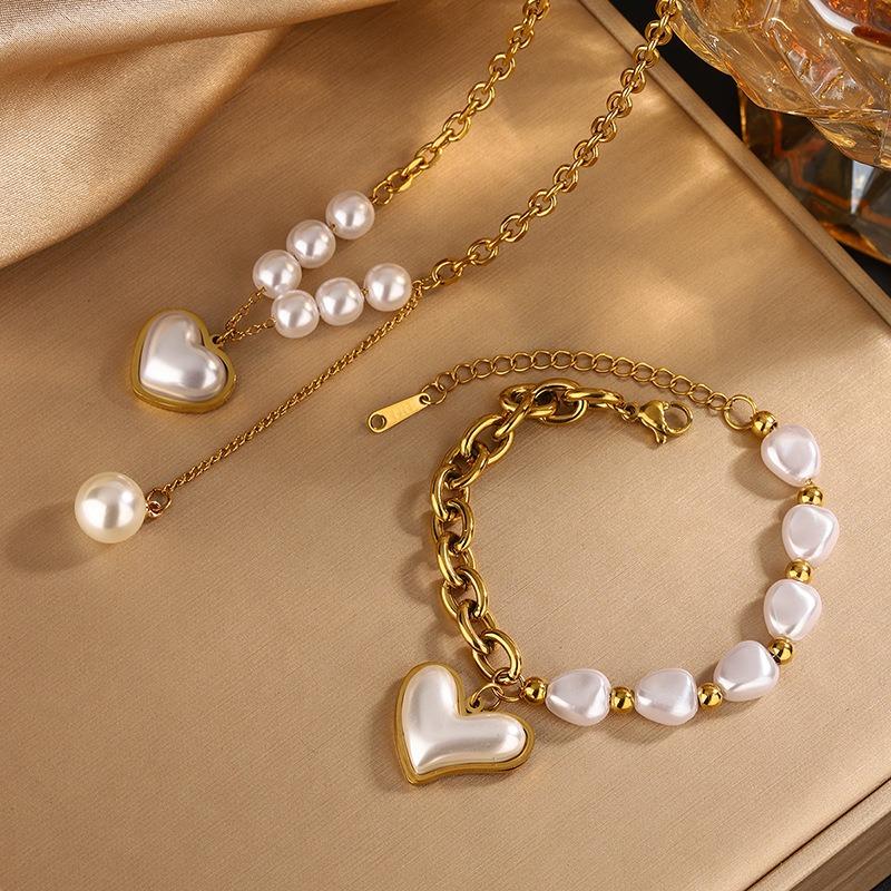 Set Irregular Pearl Mixed Chain Bracelet Necklace Round Hollow Pendant Heart Jewelry