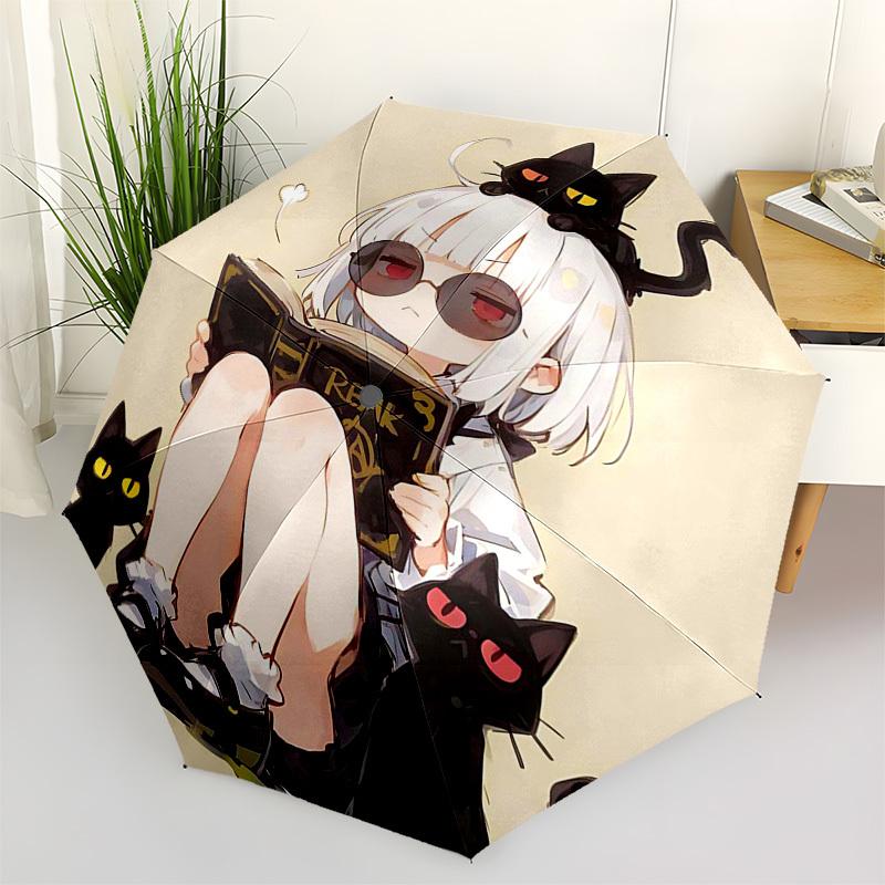 

1pc Outdoor Umbrella with Anime Girl and Cats Design - Automatic Opening/Closing, Portable 3-Fold Design, 8-Rib Iron Frame - Perfect Gift for Fan