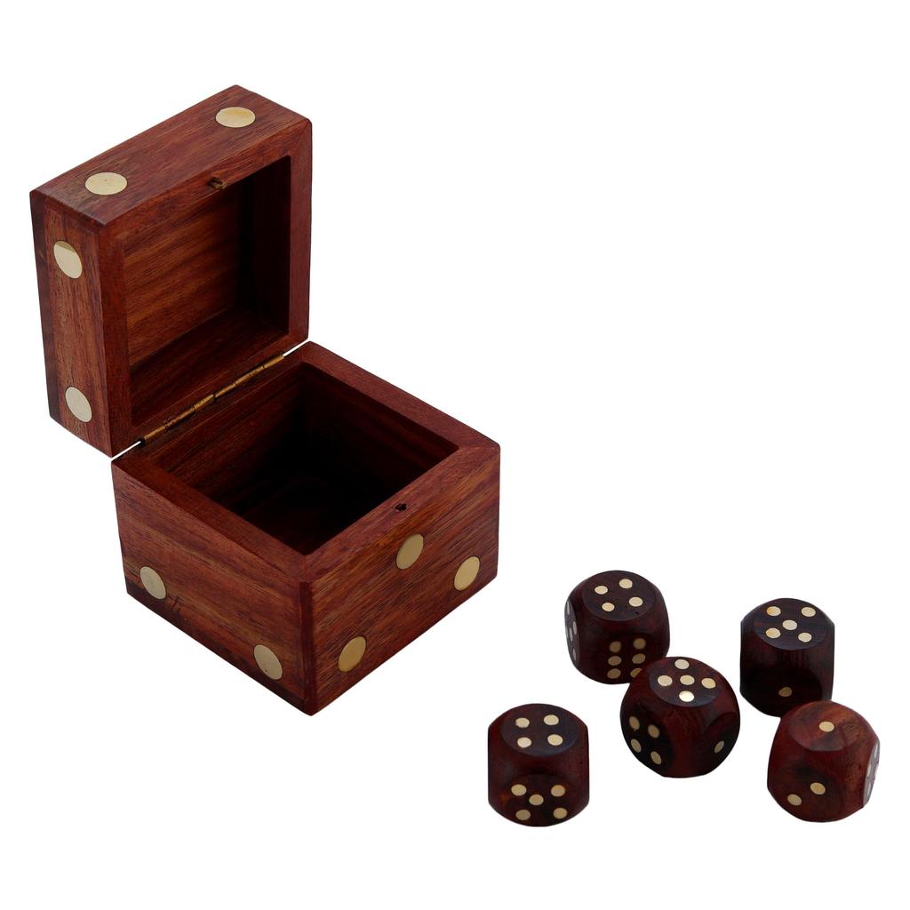 Shriji Crafts Wooden Dice Box with 5 Dice Storage for Decoration, Games, for Kids Adults