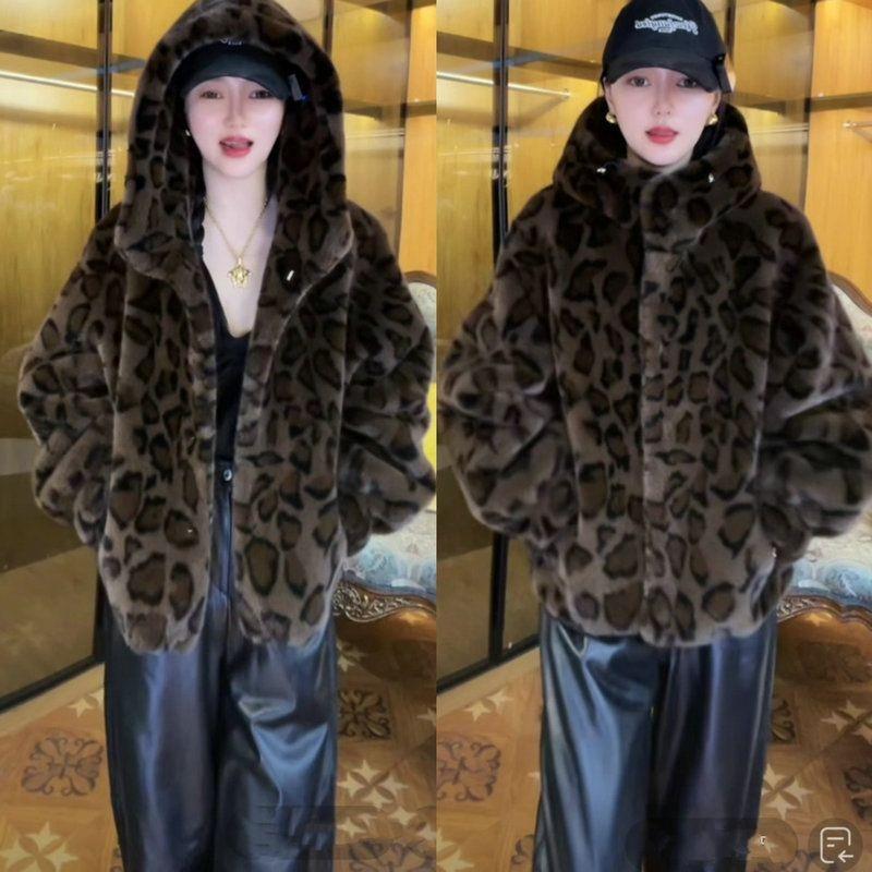 

Осень и зима новая имитация норкового меха леопардовый принт меховая куртка с капюшоном хлопковая одежда утолщенное модное пальто 4XL-190--124kg