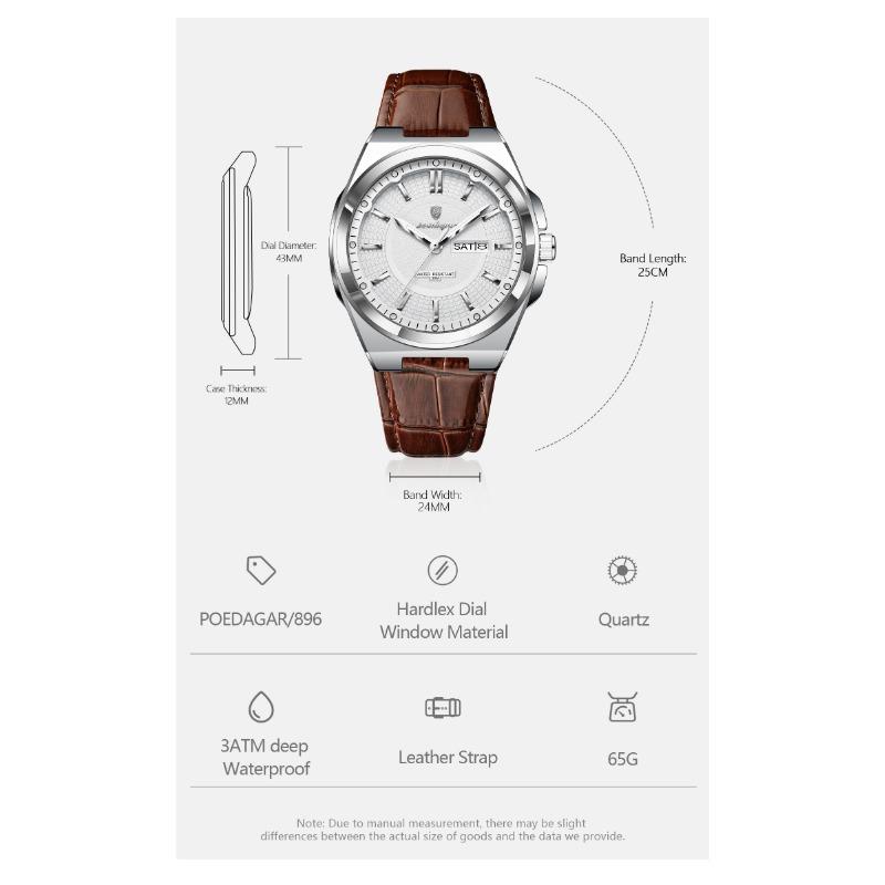 POEDAGAR Fashion Man Wristwatch Waterproof Luminous Date Week Business Quartz Watches Leather Sport Clock Reloj Hombre