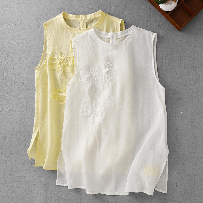 European-Style Floral Embroidered Cotton Linen Sleeveless Top for Women