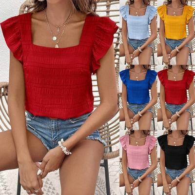Moda Donna Primavera Estate Camicia con Collo Quadrato e Volant Tinta Unita Manica Corta Top